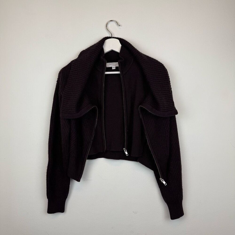 Derek Lam Dark Plum Ribbed Zip-Front Crewneck Sweater - Picture 5 of 9